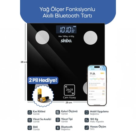 Dijital - Pilli Cam Banyo Baskülü Lcd Ekran - Sıcaklık Göstergeli 180KG/50GR 28X28CM SBS-4466