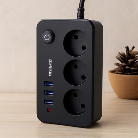 Anahtarlı Termal Korumalı 3'lü Priz + 3xUSB 2.1A 2m Uzatma Kablosu Siyah