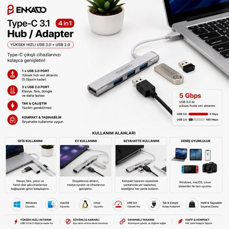 Type-c 3.1 Giriş 4IN1 Usb Çoğaltıcı 4 Anahtarlı Port - Hı-speed Usb 3.0 - Usb 2.0 Hub Adaptör EKD-TP50