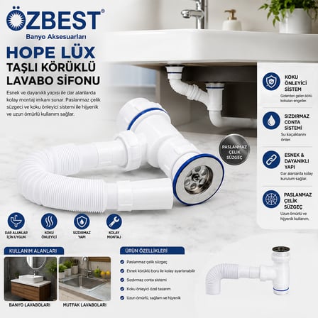 Paslanmaz taşlı körüklü lavabo sifon