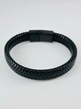 Siyah Deri / Çelik  Erkek Deri Bileklik 20 Cm  - Ebl0065