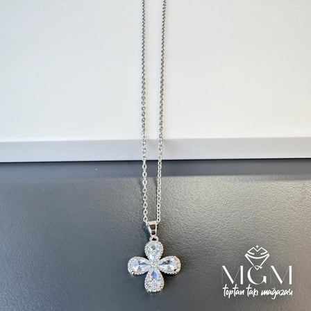 Rodyum Zirkon Taşlı Zincir Çelik Uç Kısmı Pirinç Kolyeler 40 + 5 Cm Uzatma Payı - Kl0132