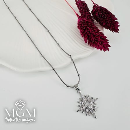 Rodyum Zirkon Taşlı Zincir : Çelik Çelik Kolye 40+5 Cm - Kl0226