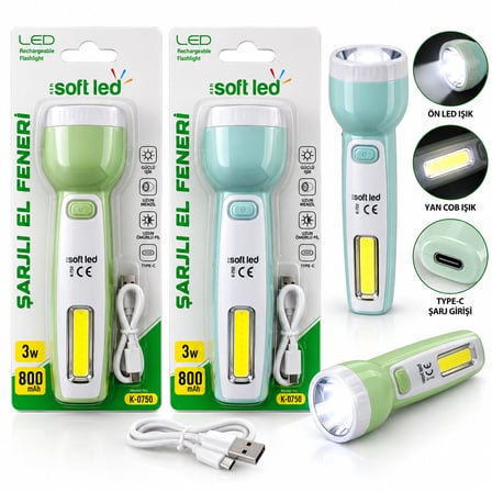 2IN1 Softled Şarjlı El Feneri Usb - Type-c Şarjlı 2W Led - 1W Cob Led K-0750
