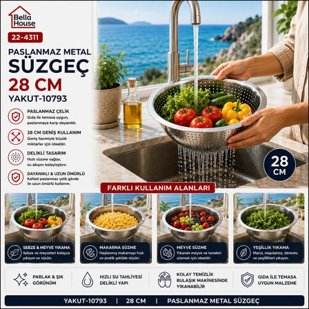 28CM Kulpsuz Paslanmaz Metal Sepet Süzgeç