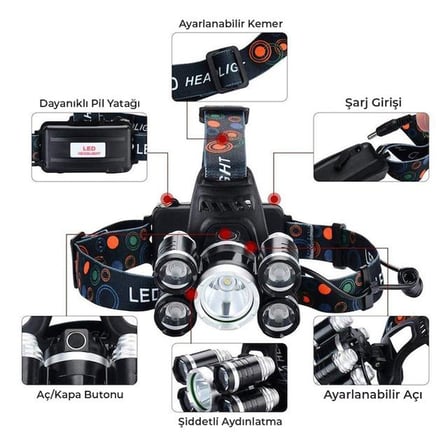 MX-501 5 Power Ledli Su Geçirmez 18650 Şarj Edilebilir Kafa Feneri