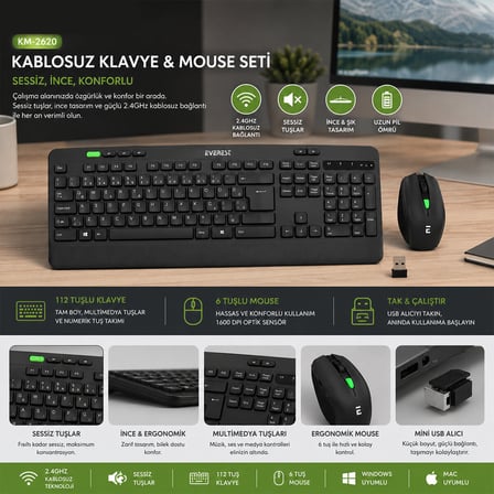 Kablosuz Klavye - Mouse Seti Siyah Usb - Sessiz - Switch Q Klavye KM-2620