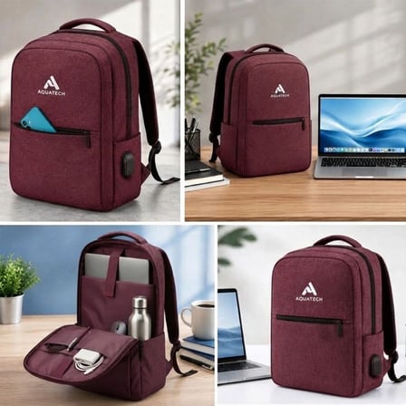 Bordo Laptop Sırt Çantası, Bilgisayar Korumalı İç Bölmeli Notebook Çantası, Organizer Cepli ve USB Ş