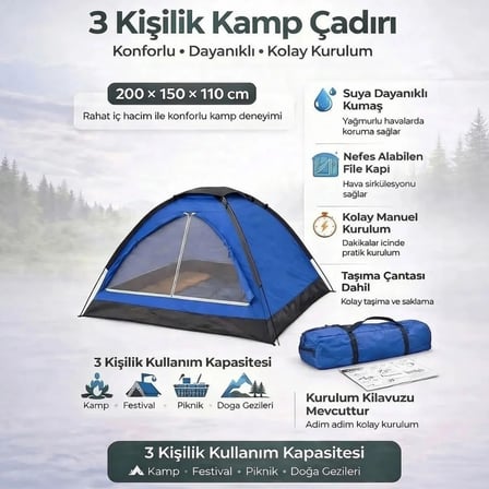 3 Kişilik Manuel Kamp Çadırı – Düz Kapılı Outdoor Aile, Doğa, Piknik ve Kamp Çadırı 200x150x110 cm