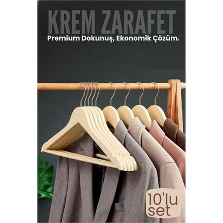 10'lu Lüks Krem Elbise Ceket Askısı - Ergonomik & Kaymaz Plastik Askı Seti - Ahşap Görünümlü 722534