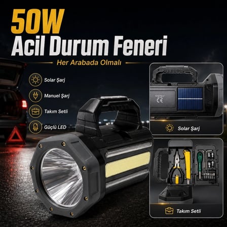 Gold Gp-620 Solar Şarjlı 50 Watt Güçlü Kamp El Feneri Takım Çantalı