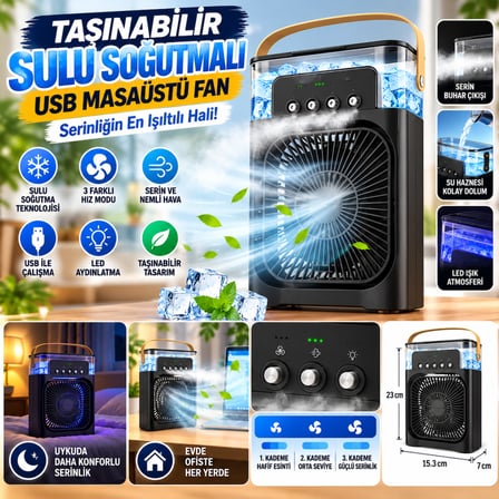 Taşınabilir 3 Farklı Mod Ayarlı 7 Farklı Led Işıklı Sulu Soğutmalı Taşınabilir Masaüstü USB Fan Vantilatör