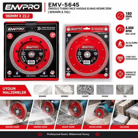 10 Adet Örgülü Turbo İnce Hassas Elmas Kesme Disk Seramik - Taş 180MMX22.2 Max 8.500PRM