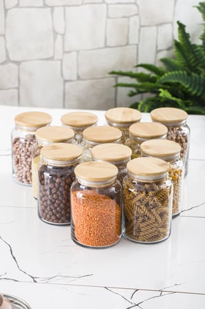 Lü Set Bambu Kapaklı Cam Kavanoz & Erzak Saklama Kabı  ml Orta  Boy ( Vakum Kapak )
