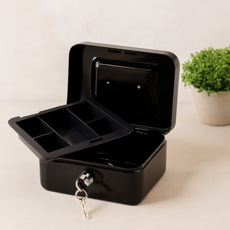 Anahtarlı Metal Para Kutusu 15x12x8 cm - 6 Bölmeli Taşıma Kulplu