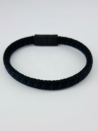 Siyah - Lacivert Deri / Çelik  Erkek Deri Bileklik 20 Cm  - Ebl0052