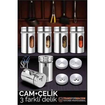 Cam+çelik Tuzluk Biberlik Karabiberlik 3 Farklı Delikli 5 Li Set 721945