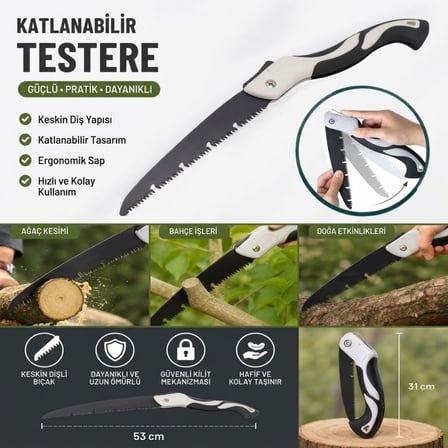 53 cm Katlanır Pelikan Testere, Büyük Boy, El Testeresi, Katlanabilir Budama ve Kesim Testeresi, Kamp, Bahçe ve Ahşap Kesim Testeresi
