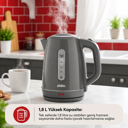Gri Çelik Kettle Su Isıtıcısı Kablosuz Kullanım 1.8LT 360 Derece Dönebilme Otomatik Kapanma SK-8031