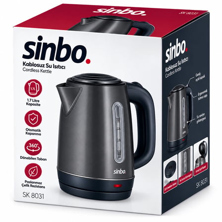 Gri Çelik Kettle Su Isıtıcısı Kablosuz Kullanım 1.8LT 360 Derece Dönebilme Otomatik Kapanma SK-8031