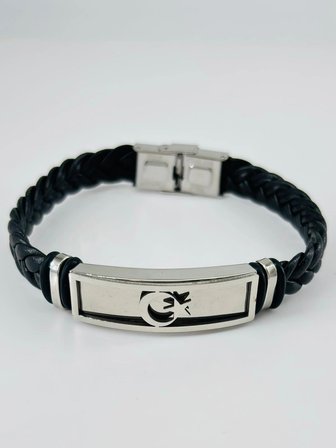 Siyah Deri / Çelik  Erkek Deri Bileklik 20 Cm  - Ebl0126