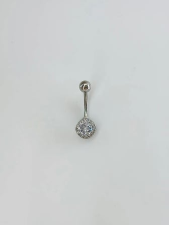 Rodyum Zirkon Taşlı Çelik Göbek Bar Uzunluğu : 13 Mm / Bar Kalınlığı 1.41 Mm /  - Pg0144