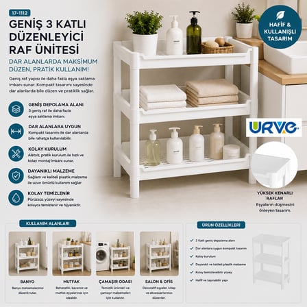 3 Katlı Geniş Sepet Organizer Raf Ünitesi 510x205x685 mm