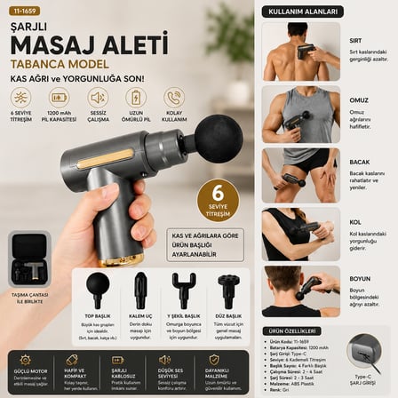 Şarjlı Masaj Tabancası - 6 Kademe Kas Masaj Aleti