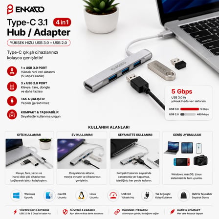 Type-C 4 Port USB Hub (USB 3.0 & 2.0, Anahtarlı)