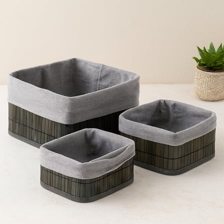 Kare Bambu Kenarlı Organizer Sepet - Bezli Ahşap Taban (3 Boy, 17x21x25 cm)