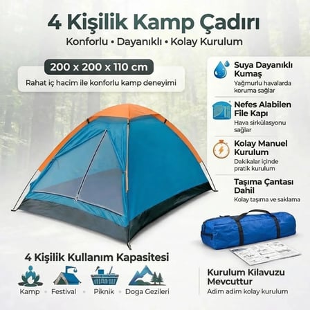 4 Kişilik Kamp Çadırı Manuel Kurulum Düz Kapılı Outdoor Dayanıklı Kamp Doğa Çadırı 200 x 200 x 110 cm