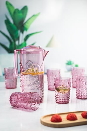 Sürahi, Karaf Akrilik Mürdüm Sürahi 2,3 lt Ve 6'lı & Su Meşrubat Kahve Yanı Bardağı 400 ml Seti (