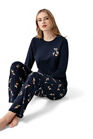 Arnetta %100 Pamuk Geyik Desen Kadın Pijama Takım