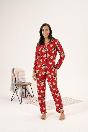 Estiva Desenli Önden Düğmeli Süet Kadın Pijama Takım