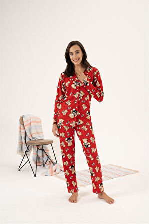 Estiva Desenli Önden Düğmeli Süet Kadın Pijama Takım