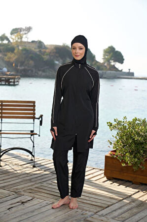 Estiva Biyeli Eldiven Detaylı Fermuarlı Tam Kapalı Tesettür Mayo