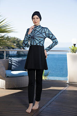 Estiva Boneli Dijital Baskı Boneli Tam Kapalı Tesettür Mayo