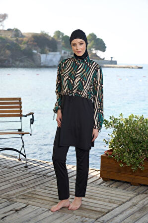 Estiva Dijital Baskı Croplu Dokuma Tam Kapalı Tesettür Mayo