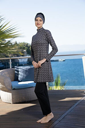 Estiva Boneli Dijital Baskı Boneli Tam Kapalı Tesettür Mayo