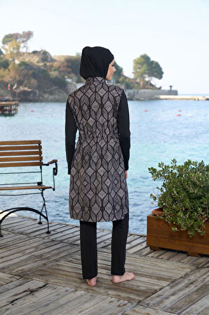 Estiva Dijital Baskı Boneli Eşarplı Tam Kapalı Tesettür Mayo