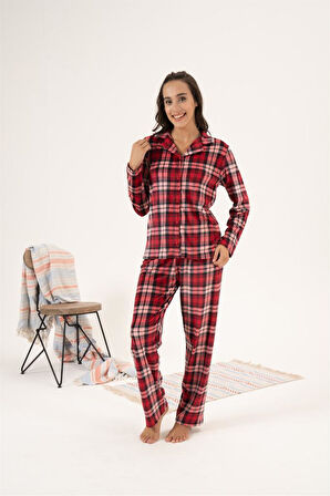 Estiva Kareli Önden Düğmeli Kadife Bayan Pijama Takım