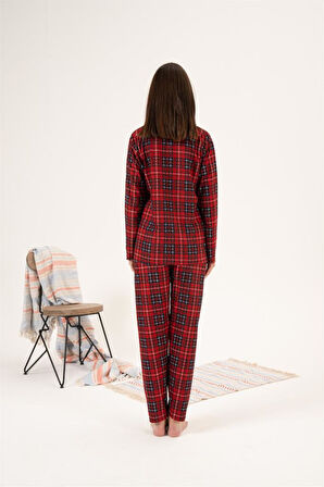 Estiva Kareli Desen Önden Düğmeli Süet Kadın Pijama Takım