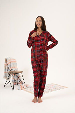 Estiva Kareli Desen Önden Düğmeli Süet Kadın Pijama Takım