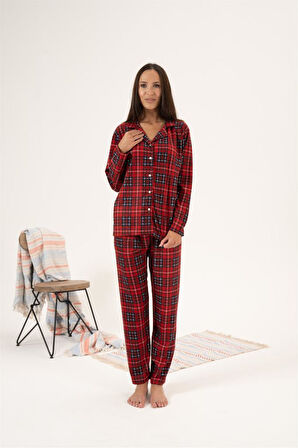Estiva Kareli Desen Önden Düğmeli Süet Kadın Pijama Takım