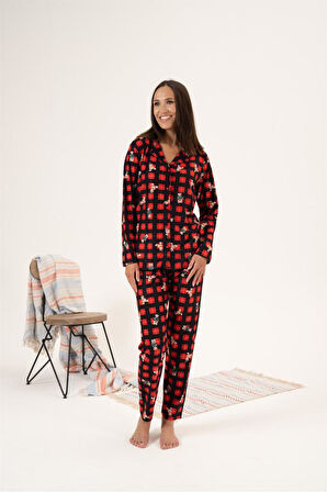 Estiva Kareli Desen Önden Düğmeli Süet Kadın Pijama Takım