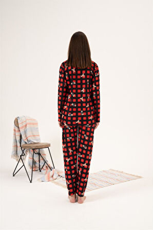 Estiva Kareli Desen Önden Düğmeli Süet Kadın Pijama Takım