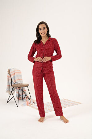 Estiva Puantiye Desen Önden Düğmeli Süet Kadın Pijama Takım