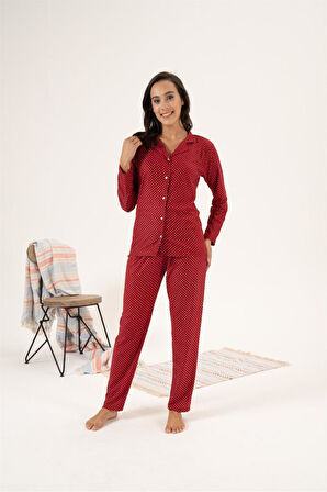 Estiva Puantiye Desen Önden Düğmeli Süet Kadın Pijama Takım