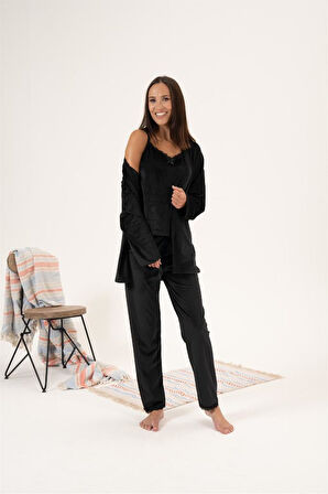 Estiva 3'lü İp Askılı Sabahlıklı Kadife Kadın Pijama Takım