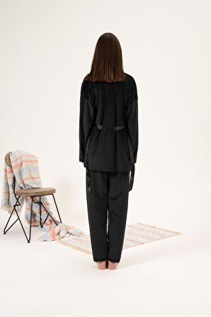 Estiva 3'lü İp Askılı Sabahlıklı Kadife Kadın Pijama Takım